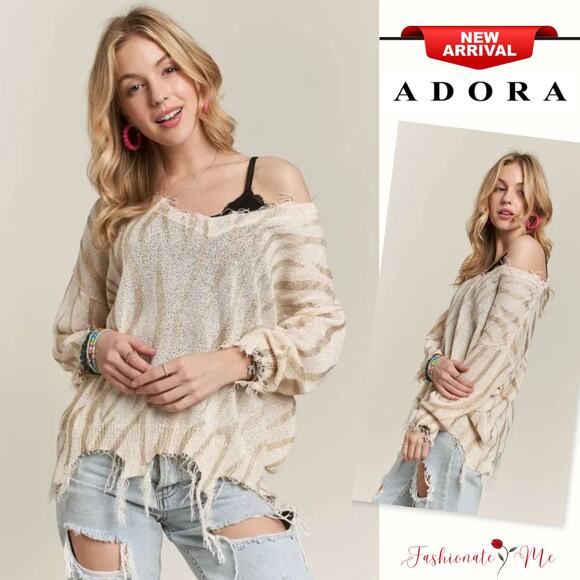 ADORA V-Neck Frayed Hem Zebra Print Lightweight Oversized Knit Sweater | Ivory - Picture 1 of 7